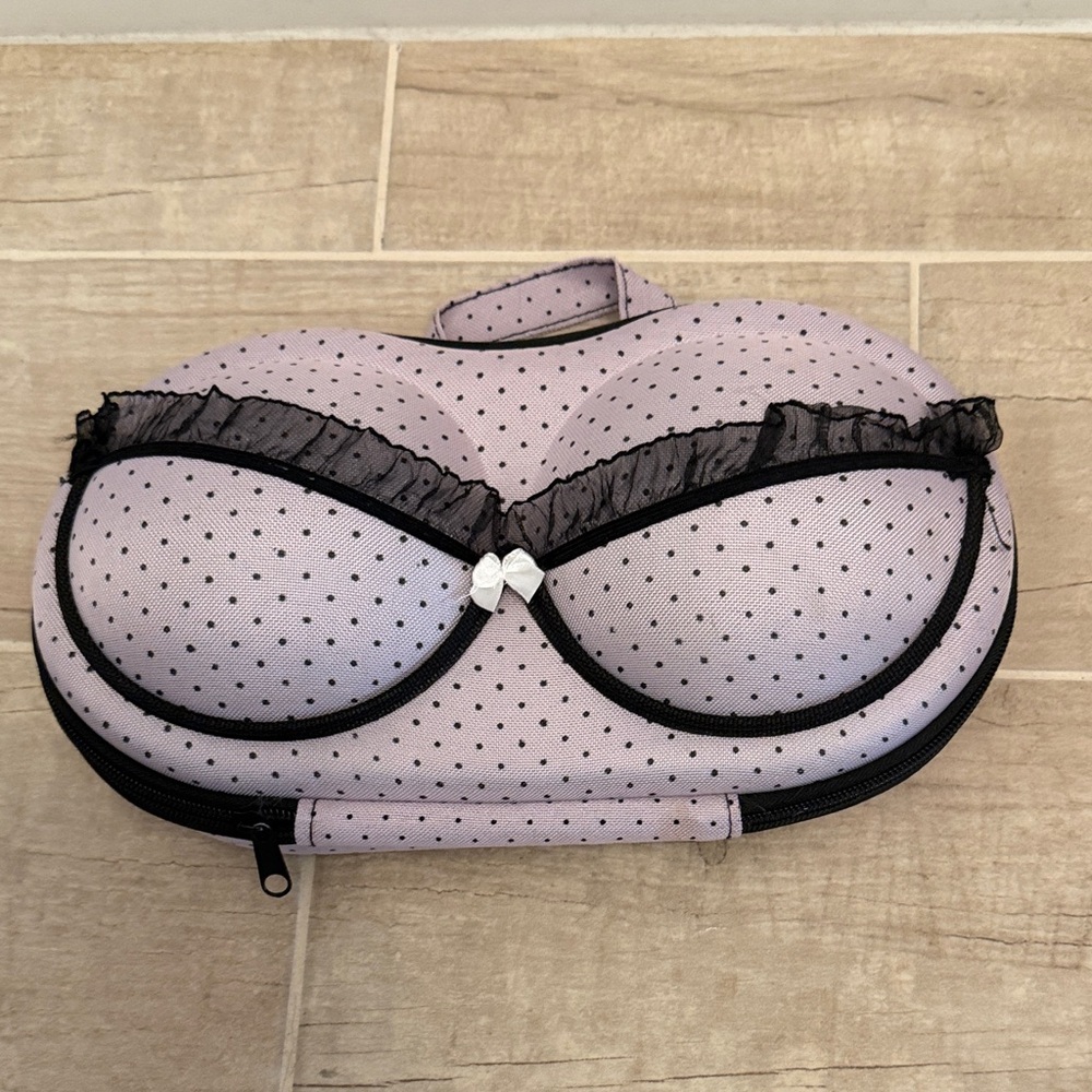 Lavender Polka Dot Bra Travel Case with Black Trim
